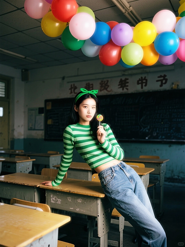 甜美清新文艺风，漫画般色彩斑斓的气球与糖果，营造出青春校园的梦幻氛围。