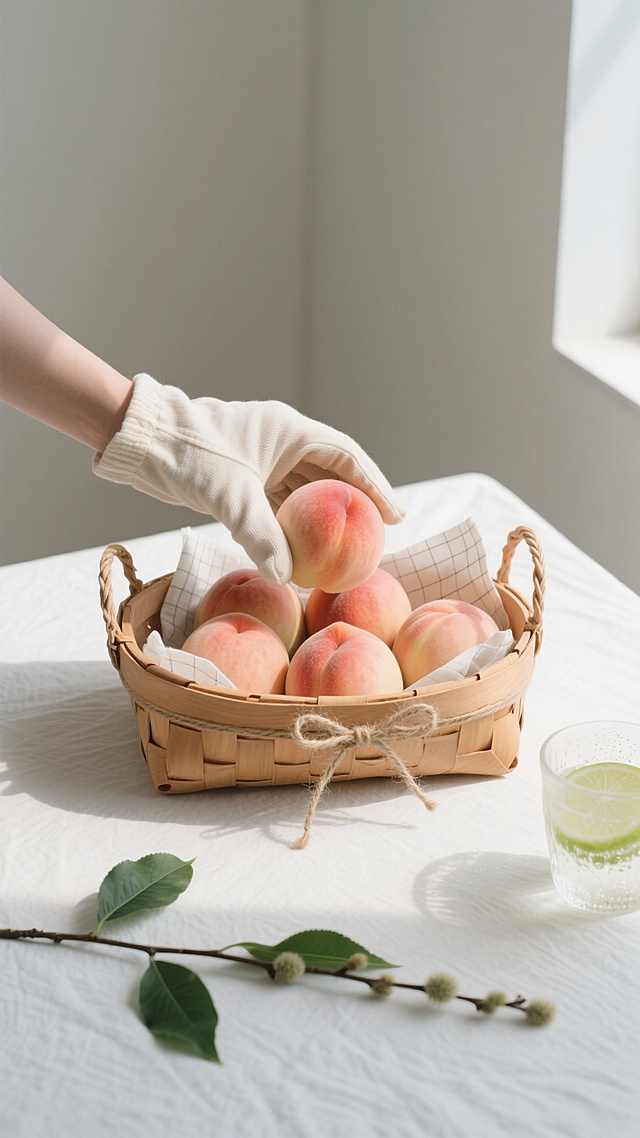 特写俯拍，一只戴着米白色棉麻手套的手正将最后一颗水蜜桃轻轻放入浅原木色藤编果篮，篮子边缘缠绕着细麻绳蝴蝶结，篮内铺着带细格纹的米白色棉纸，七颗大小不一的水蜜桃呈现完美渐变的胭脂粉，果尖带着日落般的橙红，细密绒毛在45度侧逆光下泛着珍珠光泽。背景是极简的象牙白亚麻桌布，散落着三片完整的深绿桃叶和两根带着绒毛的桃枝，桌角斜放着半杯冒着水珠的青柠苏打水，光影采用柔和的北欧窗边光，形成清晰的三角形明暗结构，色调以奶油白为基底，点缀蜜桃粉与草木绿，整体呈现日式侘寂风的干净质感与夏日清甜。