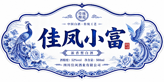名字：佳凤小富  根据这个名字，设计一款酒标，
尺寸：横版，宽高 2:1
要求：字体醒目大气，让人一眼就清晰可见的瓶标
设计几种不同配色和板式的白酒标签
形状：异形