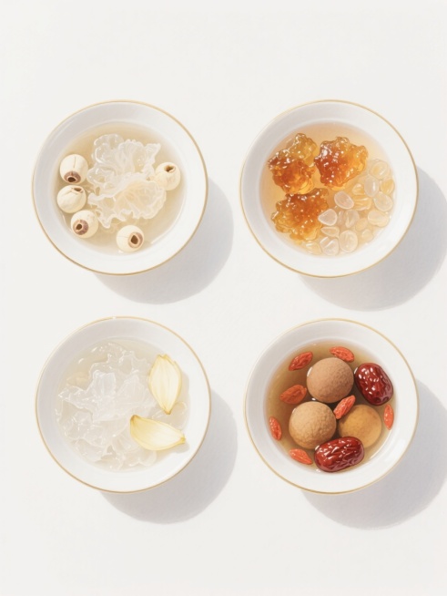 一组养生食品系列素材集合，保持原手绘水彩风格，纯净白色背景，四个规整排布的方形画面。每个画面均为白色金边瓷碗盛装的养生炖煮品，色彩柔和温暖，光影细腻，质感水润通透。第一个画面是银耳莲子羹，透明胶质的银耳搭配圆润莲子；第二个画面是桃胶皂角米炖品，琥珀色桃胶与透明皂角米交织；第三个画面是百合雪燕羹，洁白雪燕搭配淡黄色百合；第四个画面是桂圆红枣枸杞汤，饱满桂圆与红枣枸杞漂浮其中。整体设计简洁雅致，突……预览效果