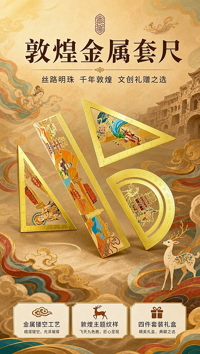 [商品] 使用【图1】【图2】【图3】敦煌金属套尺（绿色款），包含直尺、三角尺、量角器四件；保留金属金色尺身、敦煌飞天/九色鹿/莫高窟彩色镂空图案、刻度数字、产品结构比例与材质光泽；商品处理：增强金属边缘光泽与珐琅彩图案饱和度，去除桌面轻微划痕，保持产品原貌不变形。
[画面] 目标：氛围头图，突出敦煌文创套尺的国潮美感与礼品级质感。构图：居中偏上产品群像，四把尺具错落摆放呈扇形展开，产品占画面65%；前景散落敦煌风格祥云/飘带装饰元素，中景产品主体，背景为渐变敦煌壁画色系（土黄/赭石/石绿）+ 隐约飞天线条；阅读动线从上至下，顶部标题，中部产品，底部副标题。
[视觉] 套系策略：风格=国潮敦煌风商业摄影+文创插画融合；标题字=国风宋体粗体（带衬线、厚重）；正文字=现代无衬线中黑体；主色=敦煌土金色+赭石暖棕；背景延展=基于敦煌壁画色系做渐变晕染、肌理纸张质感、祥云/飘带/九色鹿剪影装饰；强调色=石青蓝+朱砂红，仅用于小面积图标、引线、标签和装饰纹样；标题色=深赭石棕；正文色=暖棕灰；组件=圆角金边信息卡、敦煌纹样分割线、云纹图标；光影=左前侧暖金色柔光，金属尺面有清晰高光反射。
[文字] 顶部居中主标题「敦煌金属套尺」，副标题「丝路明珠 千年敦煌 文创礼赠之选」；下方配3个短卖点：「金属镂空工艺」「敦煌主题纹样」「四件套装礼盒」；文字区位于画面上下留白处，不遮挡尺具主体与核心图案。
[规格] 图片比例9:16竖版，4K分辨率，负向提示：避免变形、错字、文字过小、冷蓝灰背景、产品颜色改变、结构失真、塑料质感、模糊、水印、二维码。