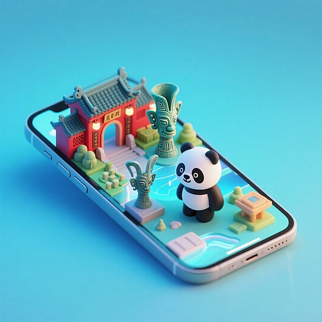 软3D风微缩艺术，熊猫与中式古建筑萌趣融合，科技感手机屏中展现梦幻民族风情。