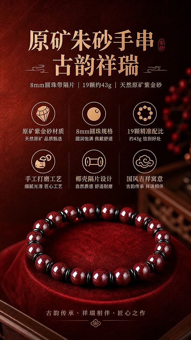 淘宝天猫详情页首屏海报，9:16竖版，高级红棕渐变背景带细腻纸质感纹理。画面中央展示原矿朱砂手串（8mm带隔片、43g、19颗），严格保持产品外观不变。顶部大标题'原矿朱砂手串 古韵祥瑞'，副标题'8mm圆珠带隔片 | 19颗约43g | 天然原矿紫金砂'。配6个卖点图标及文字：1.原矿紫金砂材质 2.8mm圆珠规格 3.19颗精准配比 4.手工打磨工艺 5.椰壳隔片设计 6.国风吉祥寓意。整体高级轻奢，朱砂红金配色。