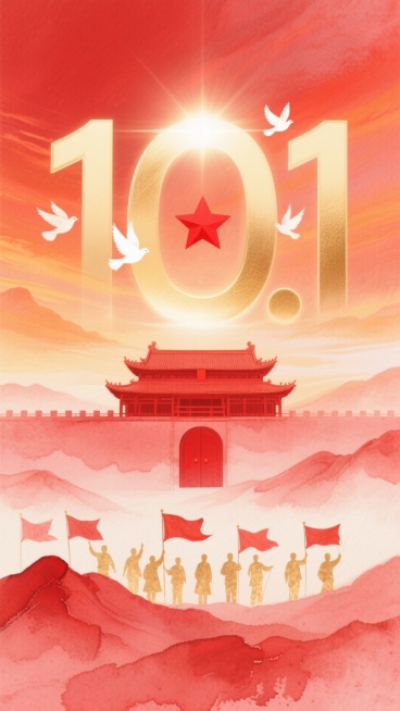 从暖红色到橙色渐变的绚丽背景，好似绚烂晚霞铺满画面。画面中央焦点是巨大的金色 “10.1” 数字，数字线条流畅，散发着耀眼光芒。其中 “0” 里镶嵌着一颗鲜艳的红色星星，
围绕着金色数字，白鸽优雅地展预览效果