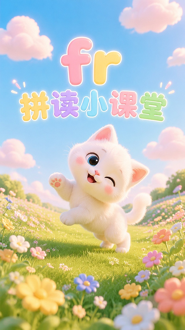 9:16竖屏构图，3D卡通早教动画风格，超软萌治愈白色小奶猫，马卡龙温柔低饱和配色，明亮清新花园全景，翠绿草地搭配彩色小花，浅粉色软云朵缓缓飘动，软萌小白猫蹦跳歪头看向镜头，画面上方展示彩色卡通艺术字「fr 拼读小课堂」，文字缓慢动态闪烁，干净通透画面，无多余杂物元素，柔和暖调光影，细腻C4D渲染，8K高清，画质治愈柔和，适配2-5岁幼儿审美，文字为圆润粗体卡通字体，留白充足不刺眼，画面干净无任何多余文字、杂物，氛围活泼治愈。禁止画面出现多余文字、水印、logo、杂乱装饰；禁止字体大小、样式、颜色出现偏差，禁止高亮效果不统一；禁止画面饱和度偏高、光影刺眼；禁止新增无关人物、道具、场景元素。
