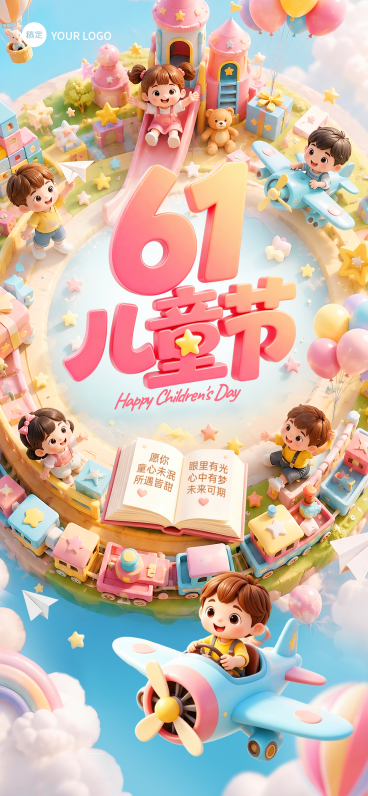 61儿童节节日祝福童趣风通用全屏竖版海报预览效果