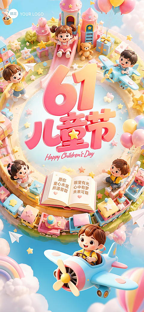 61儿童节节日祝福童趣风通用全屏竖版海报