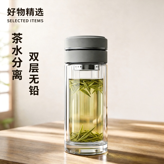 基于原图进行优化调整，保持日系极简茶系氛围，原木肌理茶桌，温柔窗边漫射自然光，细碎柔和光影洒落，画面干净治愈、松弛雅致。主体为高透双层茶水分离玻璃杯，通透澄澈、质感温润，保留原灰色盖子颜色不变，清晰展预览效果