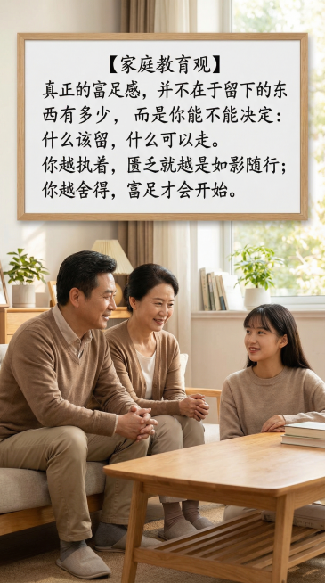 画面上有清晰正确的中文文字："【家庭教育观】真正的富足感，并不在于留下的东西有多少，而是你能不能决定：什么该留，什么可以走。你越执着，匮乏就越是如影随行；你越舍得，富足才会开始。"，图片上只有一对中年预览效果