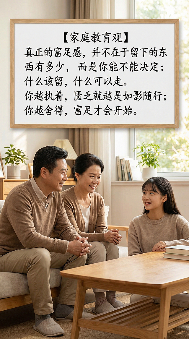 画面上有清晰正确的中文文字："【家庭教育观】真正的富足感，并不在于留下的东西有多少，而是你能不能决定：什么该留，什么可以走。你越执着，匮乏就越是如影随行；你越舍得，富足才会开始。"，图片上只有一对中年中国父母和一个中国大学生女孩，文字书写清晰正确，温馨和谐的家庭氛围