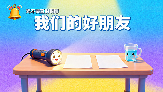 中班幼儿科学微课PPT内页，第3页彩虹材料+安全，卡通梦幻风格，皮克斯风格，明亮色彩，主色调蓝紫黄渐变，幼儿视角。卡通桌子，摆放着带拟人笑脸的手电筒、水杯、白纸并排，左上角有安全小警钟，配文"光不要直射眼睛"，顶部大字"我们的好朋友"，横版，高清，适合幼儿。