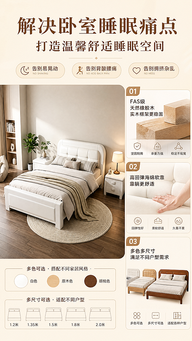 全实木床核心卖点海报，大标题解决卧室睡眠痛点打造温馨舒适睡眠空间，三个卖点1.FAS级天然橡胶木实木框架更稳固 2.高回弹海绵软靠靠躺更舒适 3.多色多尺寸满足不同户型需求，左放白色实木床图，保留图片1结构颜色，简约干净暖浅底，拼多多风格，9:16竖版，4K，文字清晰。