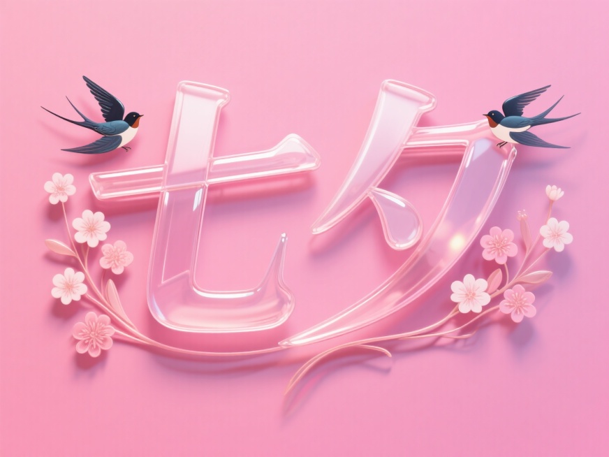 横向磨砂玻璃质感文字"七夕"。创意字体设计点缀两只喜鹊，一左一右、花朵元素，线条流畅，高级感，粉色背景，高纯度配色。预览效果