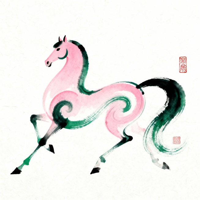 中国十二生肖之马的抽象表达，极具艺术造诣，手绘感强，现代简约线条艺术，拉长的艺术曲线，曲线延伸飘逸，造型夸张，构图完整，极致简约概括手绘毛笔线条，粉色和墨绿色线条为主，流畅飘逸的线条质感，添加传统红色预览效果