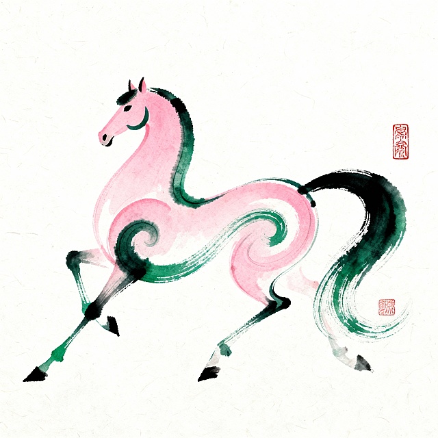 水墨与水彩交融，粉绿相间的骏马跃然纸上，融合中式美学与梦幻意境，展现国潮风韵与虚拟自然之美。