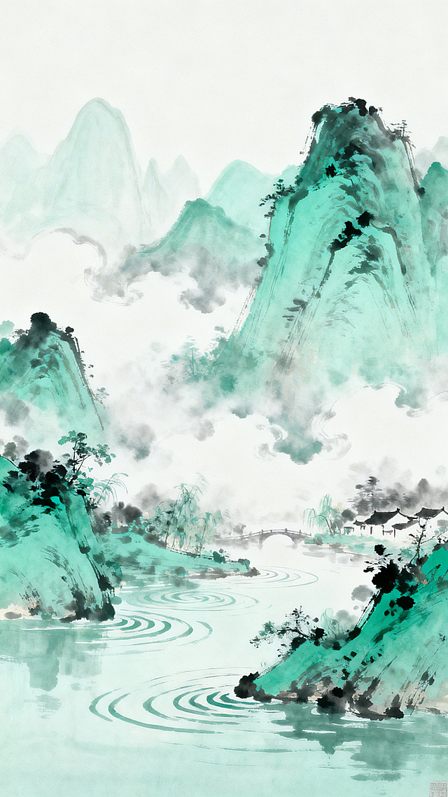 国风水墨山水背景，青绿色调，云雾缭绕，江南水乡意境，简约留白，适合作为各类设计作品通用背景