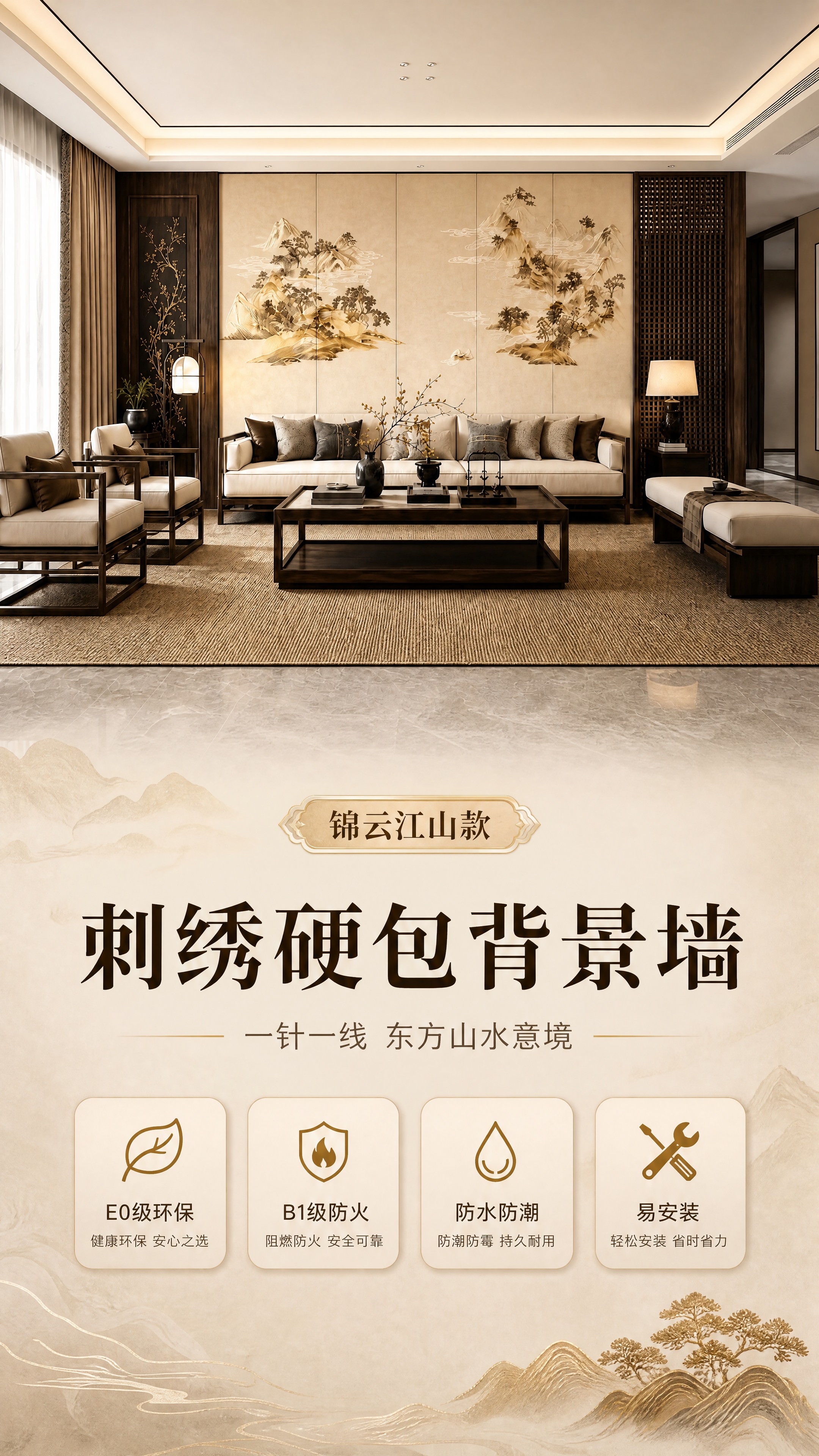 [商品] 使用【图1】锦云江山款刺绣硬包背景墙；保留暖金棕调山… - 图片创意预览