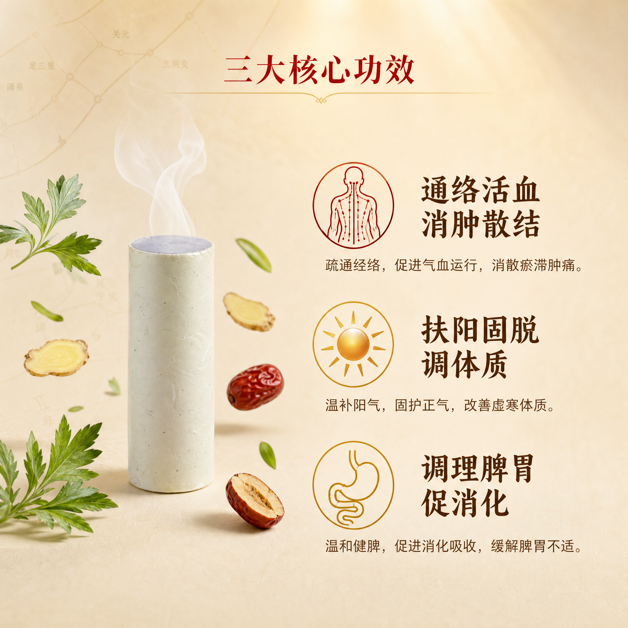 [主图-2] 艾灸柱核心功效卖点图 通络活血 扶阳固脱。 [氛… - 图片创意预览