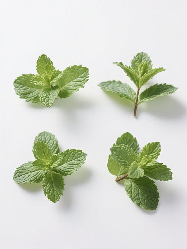 超写实摄影风格，纯白纯色背景，简约现代设计感，四组薄荷叶素材呈规整网格状排布，每组包含形态各异的新鲜薄荷叶，叶片表面纹理清晰可见，呈现自然的绿色渐变，光影柔和，高光与阴影过渡自然，整体构图平衡对称，无任何文字、logo及水印元素，画面干净整洁，视觉焦点集中于薄荷叶的自然形态与质感。