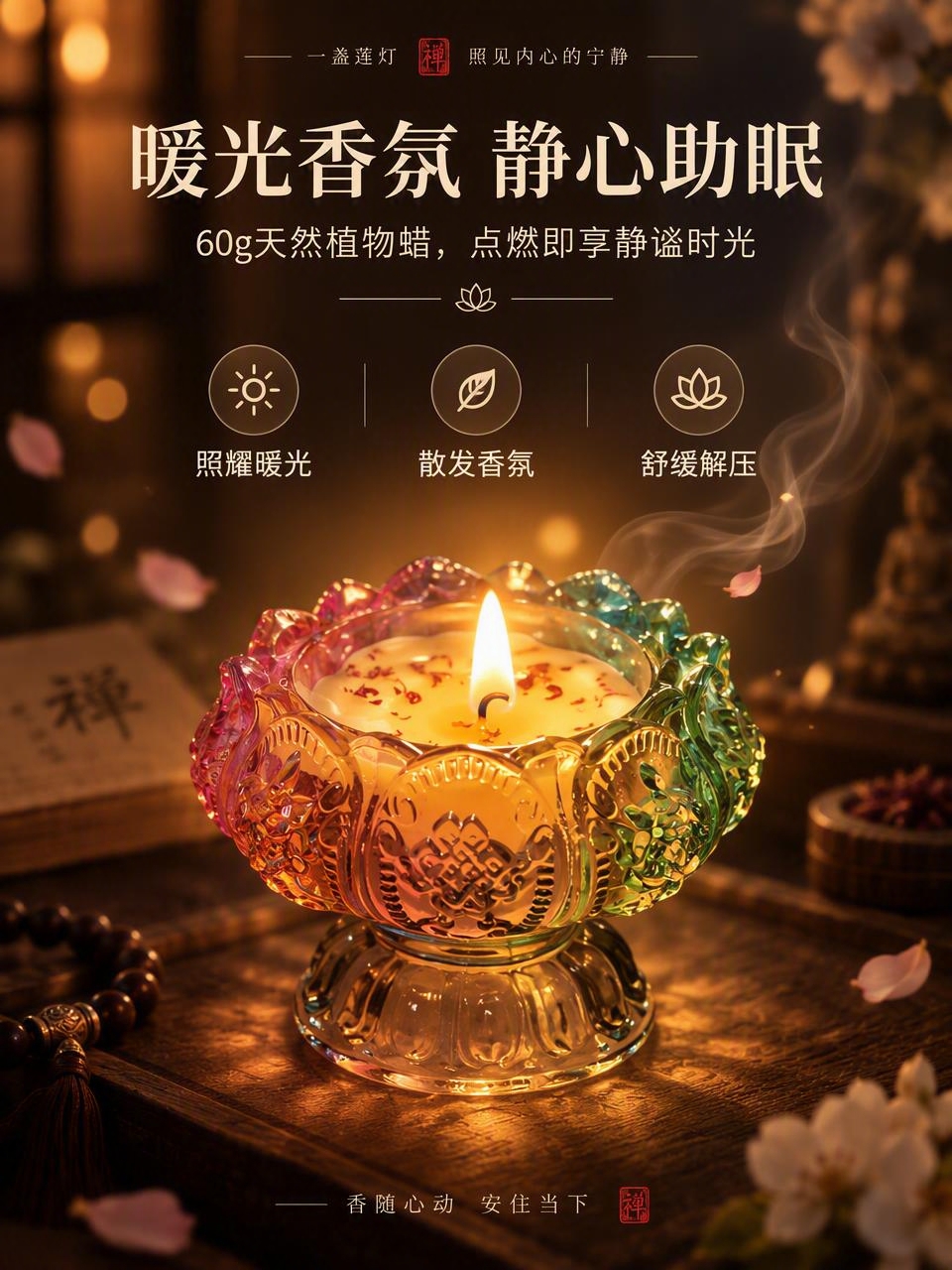 基于参考图中点燃状态的莲花灯，生成功能体验展示详情页。保留莲花… - 图片创意预览