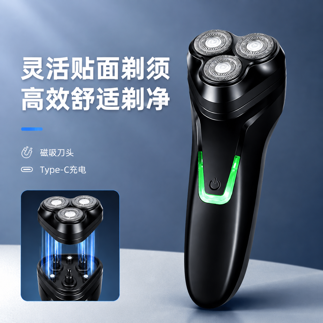 [主图-1] 黑色款电动剃须刀商品识别主图，突出产品完整外观与… - 图片创意预览