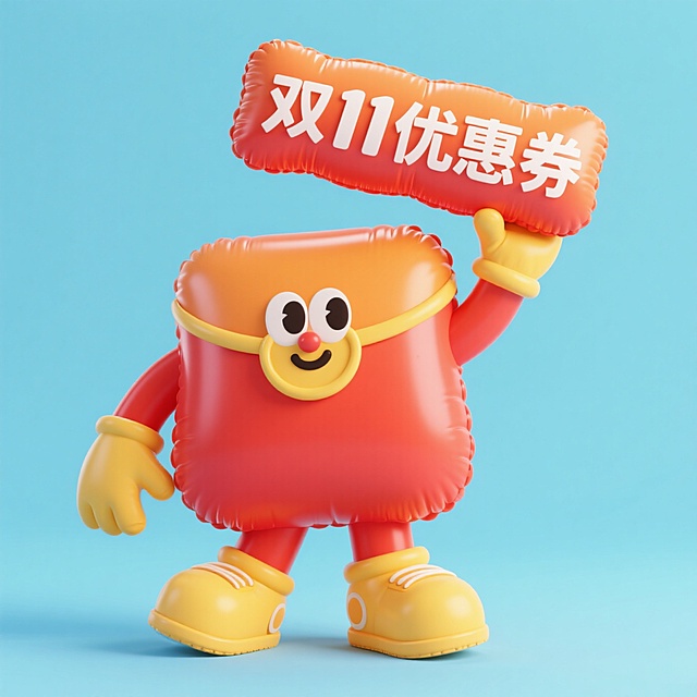一个橙红色渐变的红包拟人卡通充气形象，它戴着黄色手套和鞋子，手举 “双 11 优惠券” 立体牌，造型活泼可爱，淡蓝色背景