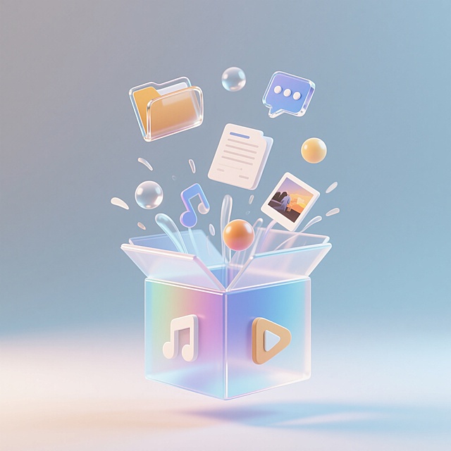 轻量毛玻璃风格，画面中心是一个打开的盒子图标，图标上方飘着玻璃质感的文件夹、对话框、文档、图片、音频、视频和圆球，这些元素从盒子里喷出，背景是浅色炫彩渐变的白蓝色，透明感强