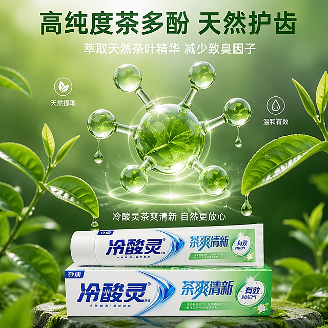 [特点图-3] 冷酸灵茶爽清新牙膏茶多酚天然成分核心特点展示图
[氛围风格] 天然植萃成分风 茶叶茶多酚可视化 绿色天然 健康纯净
[画质] 超高清微距摄影+3D渲染结合质感 成分细节精致 产品清晰 画面自然纯净
[元素] 画面底部放置冷酸灵茶爽清新牙膏包装盒 保持产品外观与输入产品图绝对一致 杜绝变形色差。画面中上部展示一颗大型的绿色茶多酚3D分子结构 分子球表面有细腻的纹理和光泽 分子周围环绕着新鲜的茶叶嫩芽和展开的茶叶叶片 还有几滴晶莹的绿色精华液滴 从茶叶上滴落。分子结构下方有淡淡的光晕 象征活性成分。背景是深绿到浅绿的自然渐变 有虚化的茶叶纹理 整体画面突出茶多酚天然成分这一核心特点。
[光影] 自然柔光从上方打亮 茶多酚分子有通透的折射光和内部绿色光泽 茶叶叶片有清晰的叶脉纹理和自然高光 精华液滴有晶莹的高光和折射 产品受光均匀 整体光线自然柔和 纯净感强
[配色] 主色调深浅绿色渐变 辅助色茶叶嫩绿 分子翠绿 液滴透明绿 白色高光 品牌蓝色
[视角构图] 平视偏仰视角度 产品在底部 茶多酚分子结构在上部中心 茶叶环绕周围 形成中心聚焦式布局 景深较大 背景简洁突出成分
[文字版式] 顶部居中大字主标题 高纯度茶多酚 天然护齿 绿色粗体大字。下方辅助文案 萃取天然茶叶精华 减少致臭因子 白色中号字 居中。分子左侧标注 天然提取 右侧标注 温和有效 白色小字。底部产品上方 冷酸灵茶爽清新 自然更放心 白色小字。文字清晰可读 不遮挡产品主体和核心分子结构
[输出要求] 1:1比例 文字清晰可辨 超高清3D渲染质感
[负向提示词] 变形 文字错乱 产品模糊 背景杂乱 水印 电商平台Logo