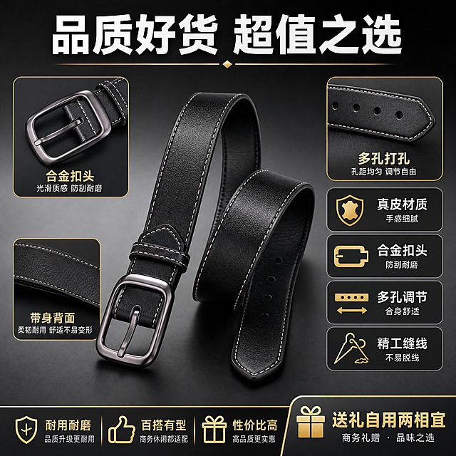 [主图-4] 男士皮带多维度展示+卖点总结图，拼多多风格突出性价比。
[统一基调] 整体风格：商务品质感+高性价比氛围；背景主色：深灰渐变+金色点缀；标题字色：白色+金色；辅助字色：浅灰色；强调色：金色；字体样式：粗黑体标题+细黑体辅助字；字号层级：大标题最大，副标题缩小60%，卖点小字再缩小；卡片样式：圆角半透明深色卡片。
[画面] 画面中央展示皮带正面全景，皮带自然展开呈S形，完整展示扣头、带身、带尾和皮带圈。周围分布三个小图：左上角小图展示扣头细节特写，右上角小图展示带尾打孔细节，左下角小图展示皮带背面纹理。每个小图下方有简短标注。
[光影质感] 商业摄影棚拍质感，主光均匀柔和，各角度展示清晰，皮革和金属质感真实，阴影自然不生硬。
[配色] 深灰背景+黑色皮带+枪灰金属+白色标题+金色强调+白色分隔线。
[文字版式] 画面顶部大标题"品质好货 超值之选"，白色粗黑体；标题下方金色横线装饰。画面右侧竖排四个卖点框："真皮材质 手感细腻""合金扣头 防刮耐磨""多孔调节 合身舒适""精工缝线 不易脱线"，每个卖点配金色小图标，白色文字。底部有"送礼自用两相宜"金色小字。
[输出要求] 比例1:1，文字清晰锐利，各角度产品清晰，布局合理不拥挤，禁止变形、错字、模糊、水印、平台Logo、极限词。