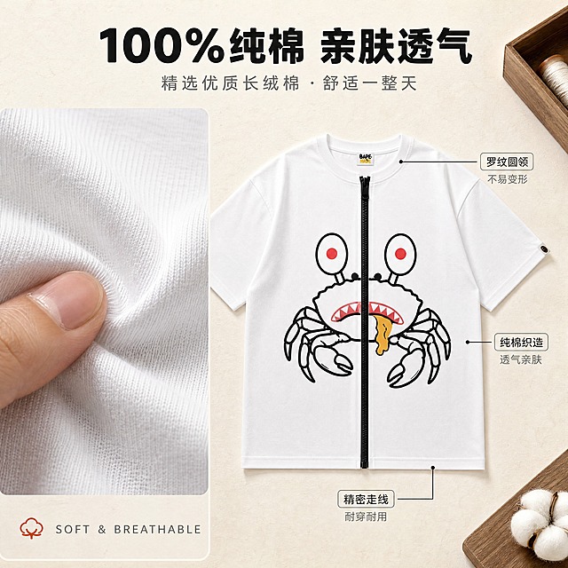 [商品] 使用【图1】白色日系潮玩螃蟹印花男士短袖T恤；商品处理：保留圆领、短袖、正面螃蟹卡通印花、正面中央拉链装饰、袖口小标、领标、白色纯棉面料和宽松版型；自然去除衣身杂乱褶皱，理顺垂坠，增强纯棉面料纹理、缝线、领口罗纹和印花清晰度，不改变版型结构和印花图案。
[画面] 目标：突出100%纯棉面料与工艺细节。左面料微距+右产品平铺的左右分栏构图，左侧占40%展示纯棉面料微距织纹，手指轻触面料表现柔软触感；右侧占60%展示T恤平铺正面，引出3处工艺细节标注。背景为浅米色纸张质感桌面，搭配木质小道具和棉线轴营造材质氛围。
[视觉] 套系策略：风格=日系极简潮酷商业摄影；标题字=日系粗黑体（圆角无衬线）；正文字=简洁无衬线细体；主色=米白+炭灰；背景延展=基于米白炭灰做深浅层级、同色渐变和细腻水泥/纸张质感；强调色=暖橘红，仅用于小面积图标、引线和标签点缀；标题色=炭黑色；正文色=中灰色；组件=圆角浅灰信息卡、细黑线引线、小方块标签；光影=左前侧柔和自然光，带轻微日系胶片暖调。
[文字] 顶部居中主标题「100%纯棉 亲肤透气」，副标题「精选优质长绒棉 · 舒适一整天」。右侧T恤引出3条细黑线标注：领口处标「罗纹圆领 不易变形」，面料处标「纯棉织造 透气亲肤」，缝线处标「精密走线 耐穿耐用」。左侧面料区下方小字「SOFT & BREATHABLE」。所有文字横向排版，不遮挡主体。
[规格] 图片比例1:1方版，4K分辨率，medium质量。避免变形、错字、文字过小、冷蓝背景、面料质感失真、印花图案改变。