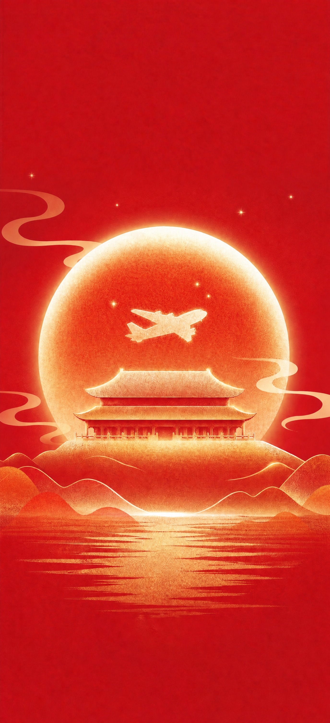 将图中月亮里的兔子替换为飞机造型，保持原图的红色国潮插画风格、… - 图片创意预览