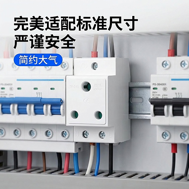 基于参考图片生成南非导轨插座淘宝主图第四张，产品外观和原图保持一致，风格简约大气严谨安全，展示插座安装在标准35mm配电箱导轨上的真实场景，突出完美适配标准尺寸的卖点，场景真实整洁，1:1构图