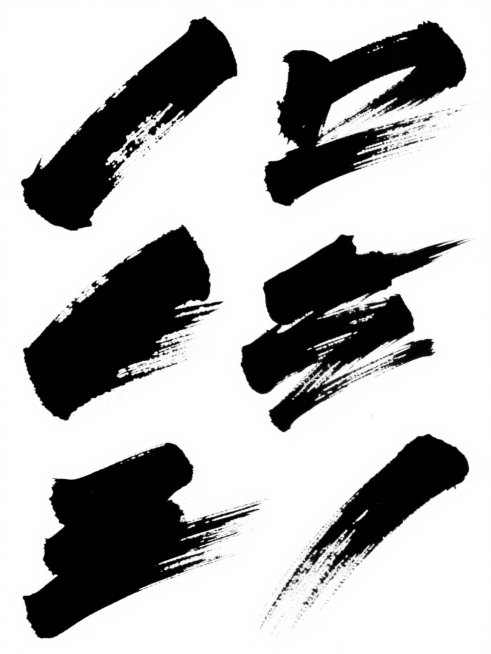 白色背景上，以黑色粗狂毛笔笔触为核心元素，创作六个完全不同造型的系列素材集合。每个笔触形态各异，有的呈斜向挥洒状，有的为不规则块状，有的边缘毛躁锋利，有的内部带有飞白纹理，有的笔触末端分叉，有的则呈现层层叠加的厚重感。它们从不同角度展现毛笔笔触的动态与质感，有的向左倾斜，有的向右舒展，有的垂直而下，有的呈对角线分布。所有笔触均保持纯黑与纯白的强烈对比，延续原图中豪放、自然、富有张力的手绘风格，……预览效果