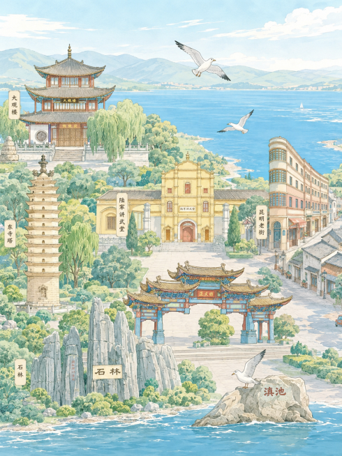 参照第一张图的浅青蓝清新水彩插画风格和色调，将第二张图里的昆明城市文创元素（大观楼、东寺塔、陆军讲武堂、昆明老街、正义坊、石林、滇池、红嘴鸥）整合为同类型的风景艺术图形，保持整体构图舒展，色调清新明亮预览效果