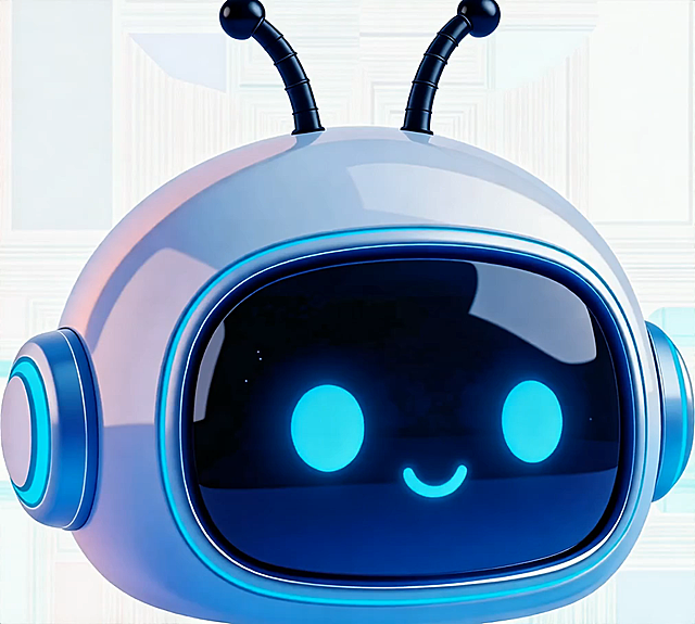 未来感与科技感交融的软3D机器人，拟人化设计搭配霓虹蓝光眼，卡通风格萌趣十足，塑料质感光滑细腻，充满童趣与未来气息。