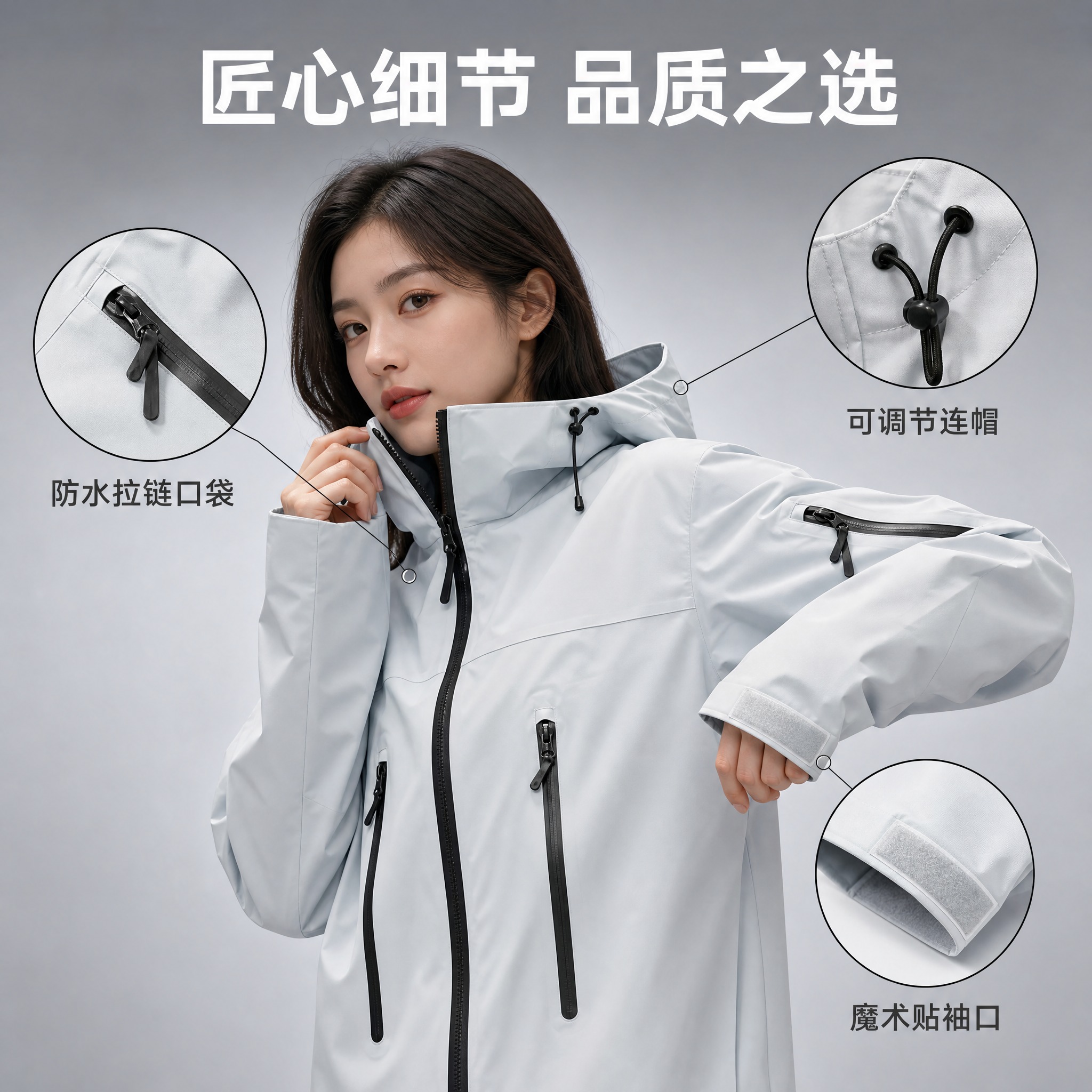 [主图-4] 浅冰蓝色户外冲锋衣 细节结构展示图 [统一基调]… - 图片创意预览
