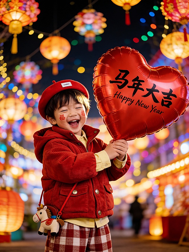 国潮风实景夜景，红衣童子手持“马年大吉”充气心形气球，笑靥如花，喜庆感十足，灯笼辉映，年味浓烈。