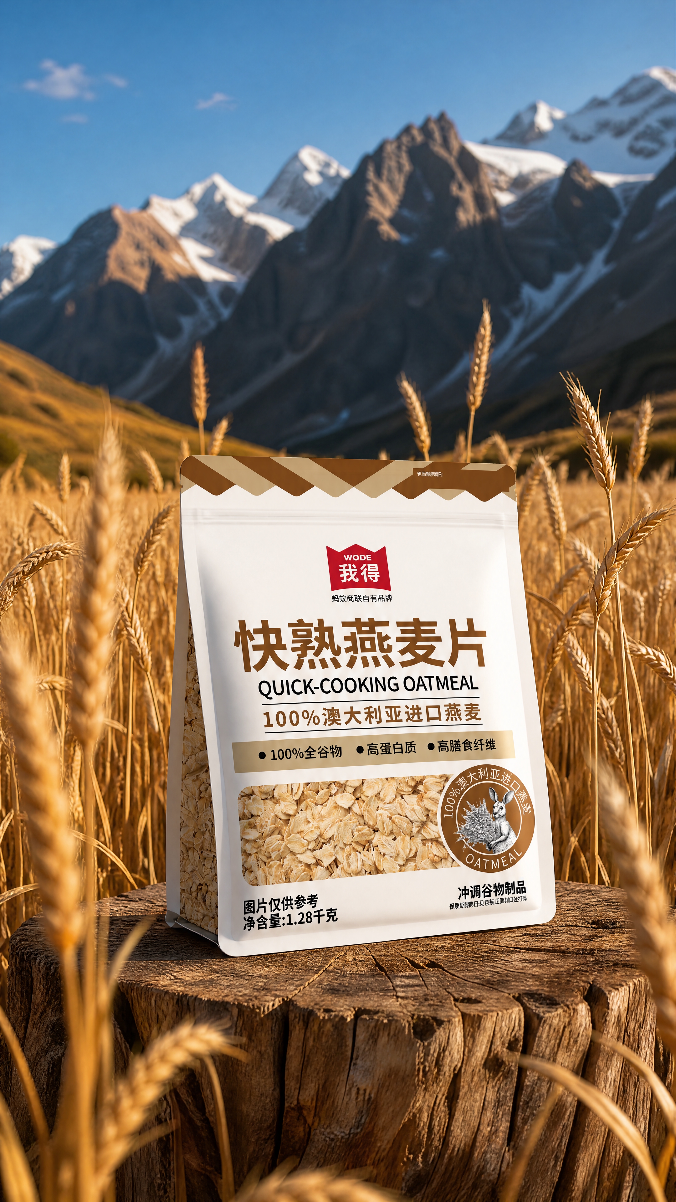 快熟燕麦片包装袋，严格参照上传产品图，完整保留所有可见组件、部… - 图片创意预览