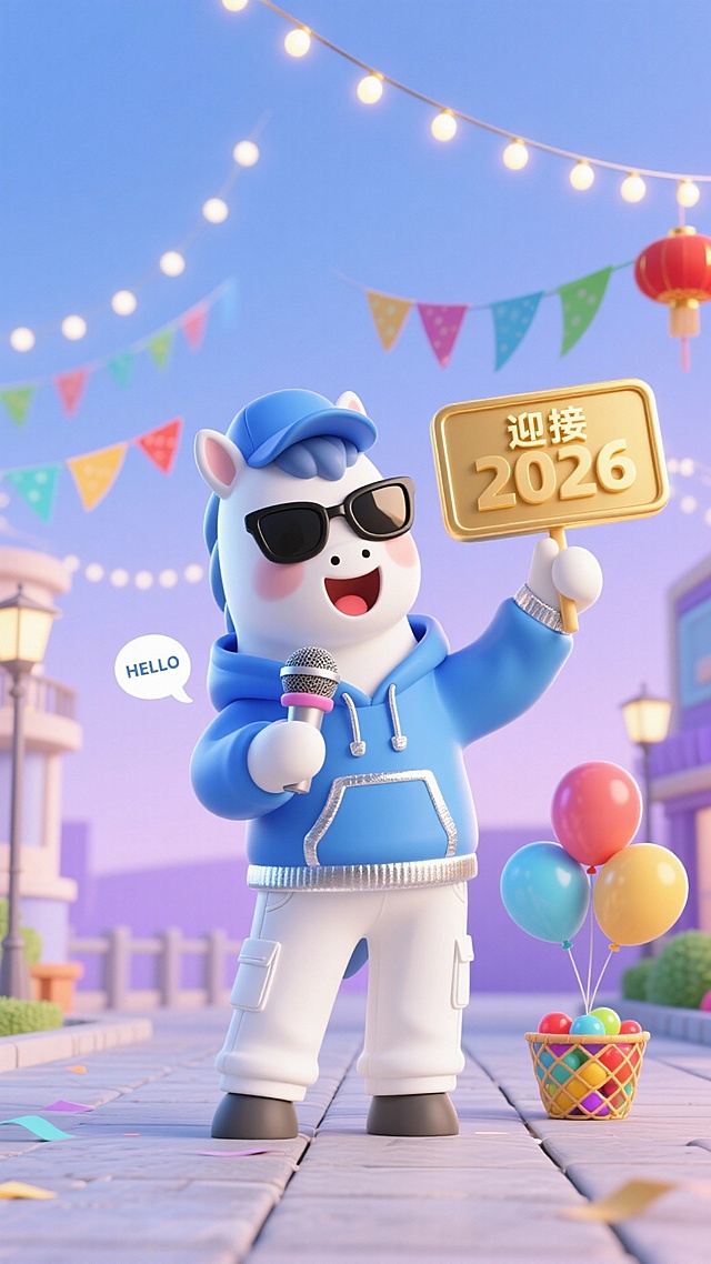 Q 版蓝白配色的马，身着天蓝色带银边装饰的连帽卫衣 + 白色工装裤，头戴同色系棒球帽，佩戴方形黑色墨镜，正举着金色的元旦倒计时牌上写着“迎接 2026”，拿着麦克风，嘴巴呈欢呼状，气泡文案“HELLO”，脚边放着一篮彩色气球，户外广场主题背景，浅蓝与浅紫渐变，局部搭配彩带装饰，点缀发光的新年装饰灯串