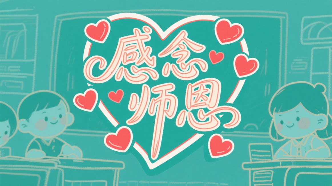 “感念师恩”艺术字采用书法字体风格，带有飘逸笔触，周围环绕多个红色爱心，整体为感恩教师主题，简笔插画风格，线条简洁流畅，色彩鲜明，画面干净预览效果