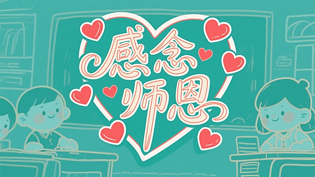 “感念师恩” 艺术字、红色爱心、书法字体风格、感恩教师主题