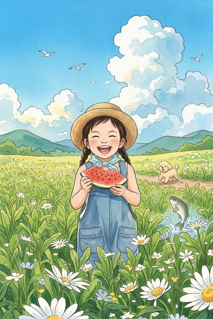 参考第一张图的女孩形象，结合治愈系插画风格，绘制女孩在油麦菜田中吃西瓜，整体清新治愈，色彩明亮柔和预览效果