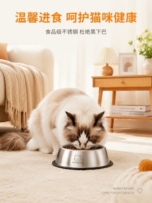 填充营销文字
统一视觉规范
主色调：奶油白背景 + 暖橙辅助色 + 哑光黑碗身 + 玫瑰金 / 金色金属内碗，整体治愈轻奢居家风
光影：柔和自然光侧光，突出不锈钢镜面反光质感，避免死黑、过曝
道具：原预览效果
