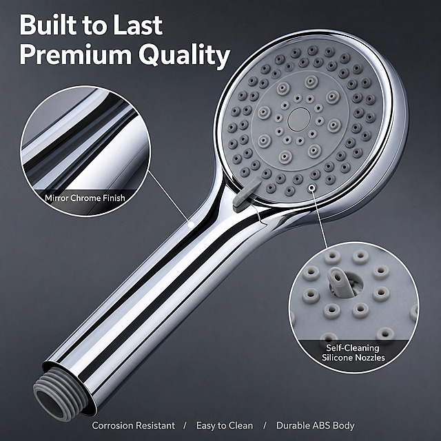 [主图-7] 材质工艺细节图，主题为Premium Chrome Finish & Durable Build。
[统一基调] 跨境电商亚马逊风格，干净高级，深灰到浅灰渐变背景，英文无衬线字体，白色标题字，浅灰辅助字，强调色金属银。
[画面] 画面主体为花洒手柄和面板连接处的45度特写，展示镀铬表面的镜面抛光质感，手柄曲线流畅，面板边缘圆润过渡。用2个局部放大圆框分别展示：左上放大框展示镀铬表面的高光泽镜面效果，配标签"Mirror Chrome Finish"；右下放大框展示硅胶出水孔的柔软弹性和防堵塞设计，配标签"Self-Cleaning Silicone Nozzles"。顶部大标题"Built to Last Premium Quality"，底部小字补充"Corrosion Resistant / Easy to Clean / Durable ABS Body"。产品外观材质与输入图完全一致。
[光影质感] 高端产品微距摄影质感，侧逆光勾勒金属边缘高光，镀铬表面反射清晰，硅胶颗粒质感真实，深灰背景突出产品轮廓。
[配色] 深灰到浅灰渐变背景，镀铬亮银，灰色硅胶，白色标题，整体高级有质感。
[文字版式] 顶部标题白色粗体大号，放大圆框标签白色小字配半透明黑底条，底部说明文字小号浅灰，统一无衬线字体。
[输出要求] 1:1正方形，2048x2048，材质细节清晰，金属质感强烈。负向：变形、划痕、水渍、指纹、模糊、中文、水印、边框。
