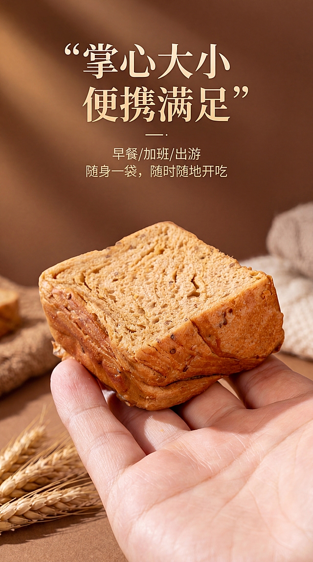 高级质感电商详情页场景展示，手拿着口袋吐司，展示一口一个的小巧尺寸，标题“掌心大小 便携满足”，文案“早餐/加班/出游 随身一袋，随时随地开吃”，暖棕氛围感光影，高级质感，保留产品实拍，9:16竖版