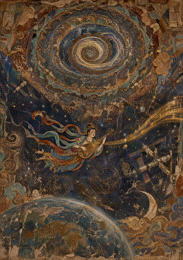 敦煌飞天风 · 星际丝路，竖版A3构图，仿敦煌莫高窟壁画质感，岩彩剥落肌理，飞天伎乐天身披石青与朱红飘带穿越宇宙星空，手中琵琶的琴弦化作金色数据光缆，身侧环绕着卫星、空间站与古代星图，顶部是藻井纹样演化的银河旋涡，底部是地球弧面与新月，矿物颜料色泽，壁画剥落的岁月感，宇宙与洞窟的奇幻融合，伎乐天的大小为图片的六分之一