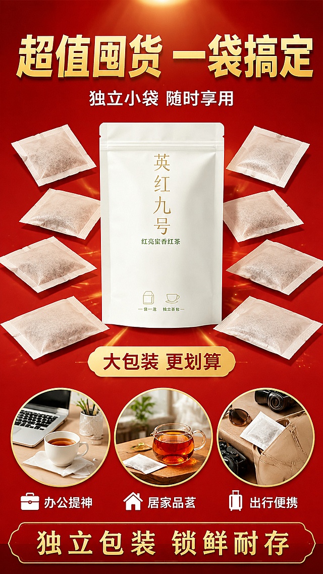 [第4屏] 详情页规格囤货屏-独立包装展示与多场景适用收尾。本屏使用【图1】作为产品主体，保持外袋与独立茶包外观一致。
[氛围/风格] 实惠囤货风，红金喜庆配色，大气商业摄影质感，突出量大实惠。
[元素布局] 画面中央为英红九号白色外袋正面展示，占比约40%；周围环绕8-10个独立白色茶包，呈放射状散开，突出量大实惠；底部横向排列3个圆形小场景图标：办公、居家、出行；背景为暖红色渐变，顶部柔和光效点缀；产品包装结构、颜色、文字与输入图完全一致。
[光影质感] 顶部柔光打亮产品，四周暗角突出主体，茶包有自然投影，整体立体有层次，喜庆大气。
[配色色系] 全局底色 #C62828（暖红渐变）；主色 #FFC107（金色）；辅助色 #FFFFFF（白色）、浅红渐变。
[视角构图] 正面平视，产品居中对称构图，阅读动线顶部大标题 → 中央产品+茶包矩阵 → 底部场景+规格信息。
[文字版式] 顶部金色大标题「超值囤货 一袋搞定」，金色粗黑体；副标题「独立小袋 随时享用」，白色小字居中；产品下方金色标签「大包装 更划算」；底部三格场景图标分别配文「办公提神」「居家品茗」「出行便携」，白色图标+文字；最底部红色底金色字规格信息「独立包装 锁鲜耐存」；文字醒目不遮挡产品主体。
[比例分辨率] 9:16竖版比例，4K分辨率，文字清晰可辨，高清画质。
[负向提示词] 包装变形，文字错乱，颜色偏差，水印，产品模糊，极限词，平台logo，虚假承诺。