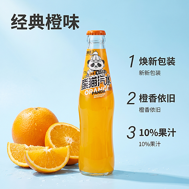 [主图 2] 熊猫汽水核心卖点展示；氛围风格：夏季清爽新鲜，干净通透；画质：商业摄影质感，产品清晰真实，画面干净高级；元素：玻璃瓶装熊猫橙味汽水放置在画面中心，左侧摆放整颗鲜橙和切片橙子，右侧用数字序号标注三个核心卖点，保持熊猫汽水外观（物理结构、材质质感、颜色）与输入产品图绝对一致，杜绝任何变形和色差。背景为浅蓝色干净渐变，简洁不抢主体，商品主体占比约60%；光影：均匀柔和自然光，通透干净，突出产品新鲜质感；配色：浅蓝色背景搭配橙黄鲜果色，清爽明快；视角构图：中心平视构图，主体突出；文字版式：画面左上大字体标注主标题 "经典橙味"，右侧三个卖点依次排列：1 焕新包装 2 橙香依旧 3 10%果汁，文字大小对比清晰，不遮挡产品，清晰易读；比例分辨率：1:1 比例，2k 分辨率，文字清晰可辨，超高清；负向提示词：变形，水印，文字错乱，产品图模糊，背景杂乱，遮挡主体