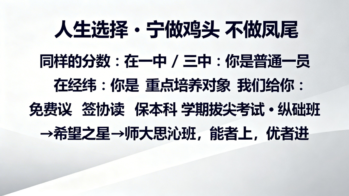 邵东经纬学校高中招生宣讲PPT第14页人生选择，大标题"人生选择・宁做鸡头 不做凤尾"，正文内容"同样的分数：
在一中 / 三中：你是普通一员
在经纬：你是 重点培养对象
我们给你：
免费读
签协议预览效果