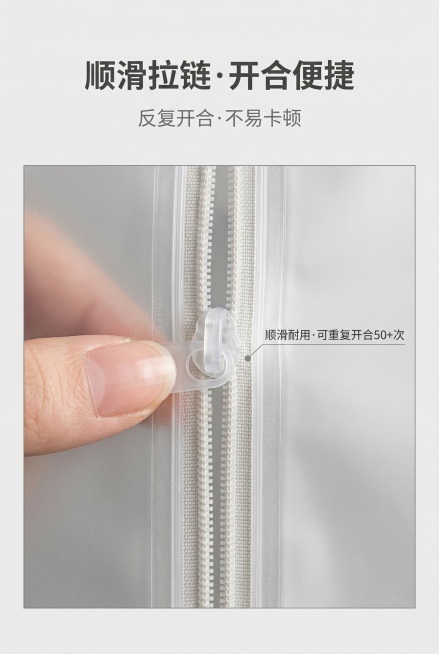 第11屏：拉链细节特写质感呈现，严格还原上传产品参考图，精准复刻包装设计、产品配色、LOGO位置及比例、文字内容及字体、图案元素及细节，无任何偏差，色彩无失真；产品与画面中其他物体的比例遵循真实物理空预览效果